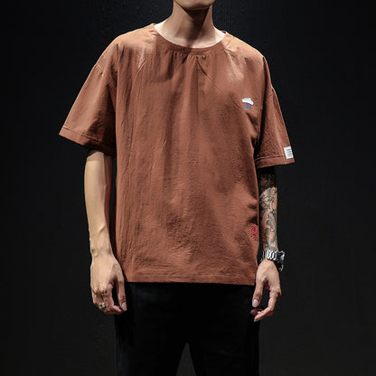 Embroidered Cotton Linen Half Sleeve Top