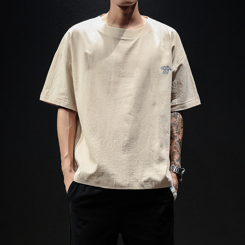 Embroidered Cotton Linen Half Sleeve Top