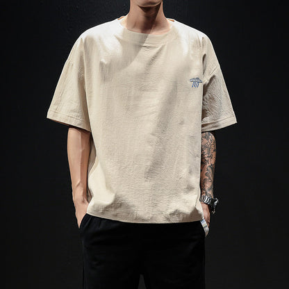 Embroidered Cotton Linen Half Sleeve Top