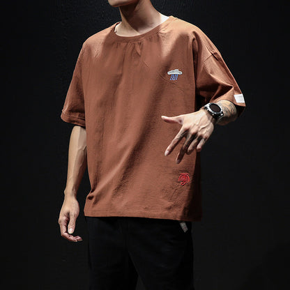 Embroidered Cotton Linen Half Sleeve Top